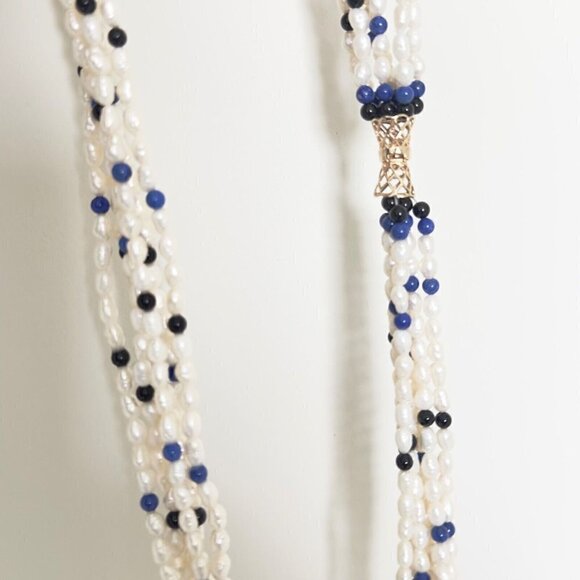 Vintage 14k Yellow Gold Pearl 6 Row Multi Strand Onyx Lapis Statement Necklace - Picture 12 of 14